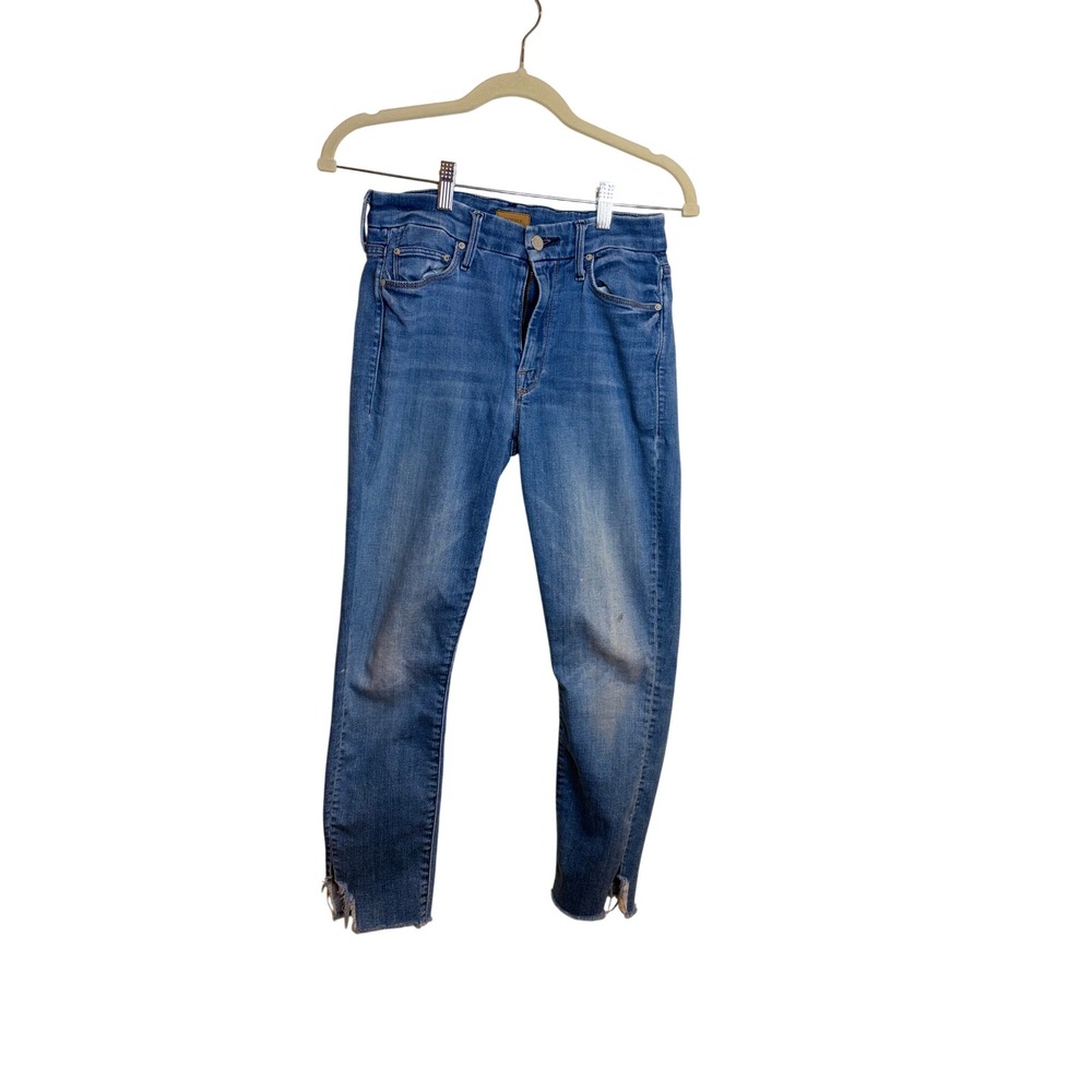 Mother Looker Ankle Fray Jeans Birds of Paradise Blue Skinny Raw Hem Size 26